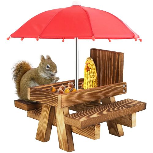 Squirrel Feeder Wooden Squirrel Picnic Table with Umbrella Two Thick Benches for Outside Squirrel Feeder Wooden Squirrel Picnic Table with Umbrella Two Thick Benches for Outside