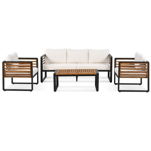 GO Large Size 4-pieces Outdoor Furniture sofa for 5 Person Conversation Set, Garden Sofa Set With Removable Cushion, Metal And Wood Frame Sofa set GO Large Size 4-pieces Outdoor Furniture sofa for 5 Person Conversation Set, Garden Sofa Set With Removable Cushion, Metal And Wood Frame Sofa set