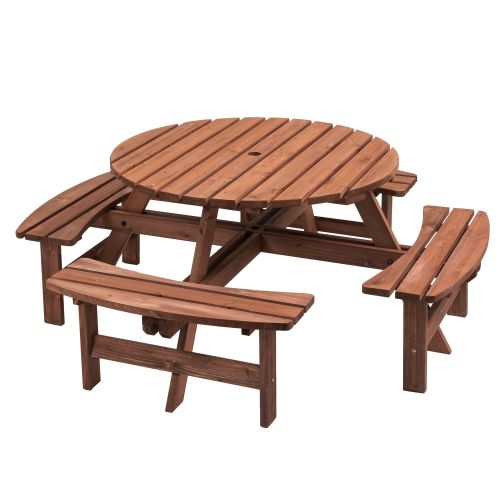 Circular Outdoor Wooden Picnic Table with Built-in Benches for Patio Backyard Garden; DIY; 1720lb Capacity; Natural/Gray Circular Outdoor Wooden Picnic Table with Built-in Benches for Patio Backyard Garden; DIY; 1720lb Capacity; Natural/Gray